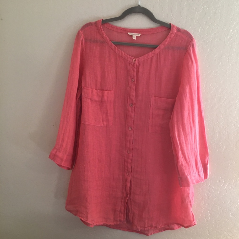 Eileen Fisher Coral Pink Button-Down Tunic Shirt